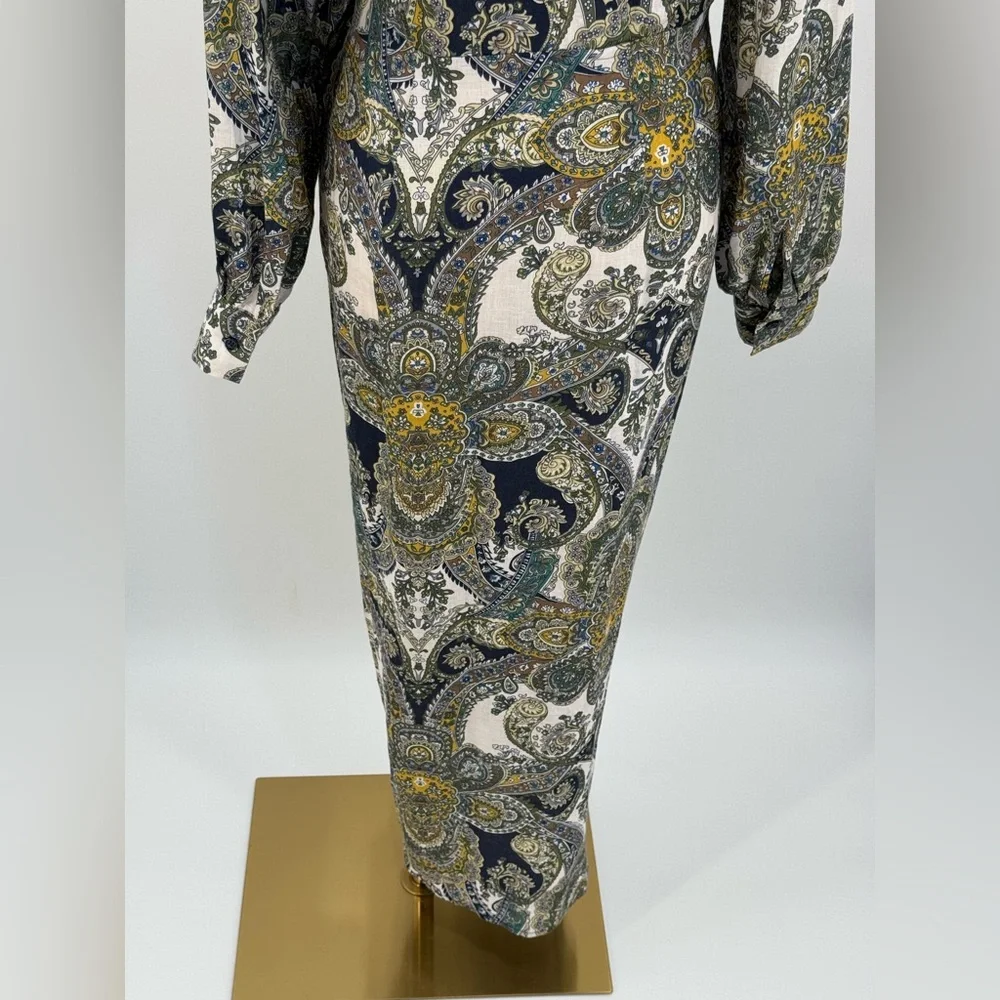 Magaschoni Sophisticated Paisley Belted Wrap Dress – Navy Gold Long Sleeve Midi - Picture 17 of 17